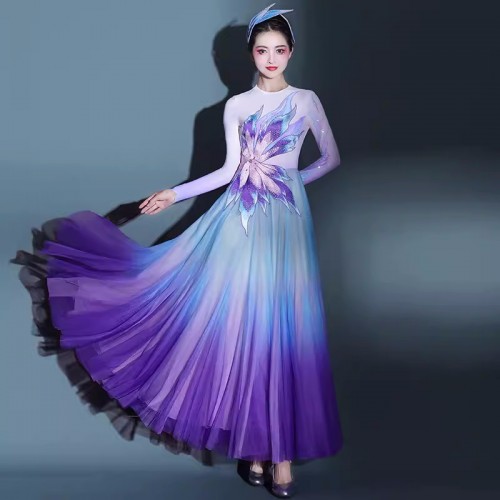 Women girls Purple gradient chinese folk Classical dance costumes fairy chinese princess dance hanfu modern dance wear atmospheric stage opening dance clothes